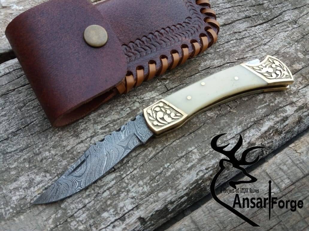 Custom made Damascus steel lock back pocket knife