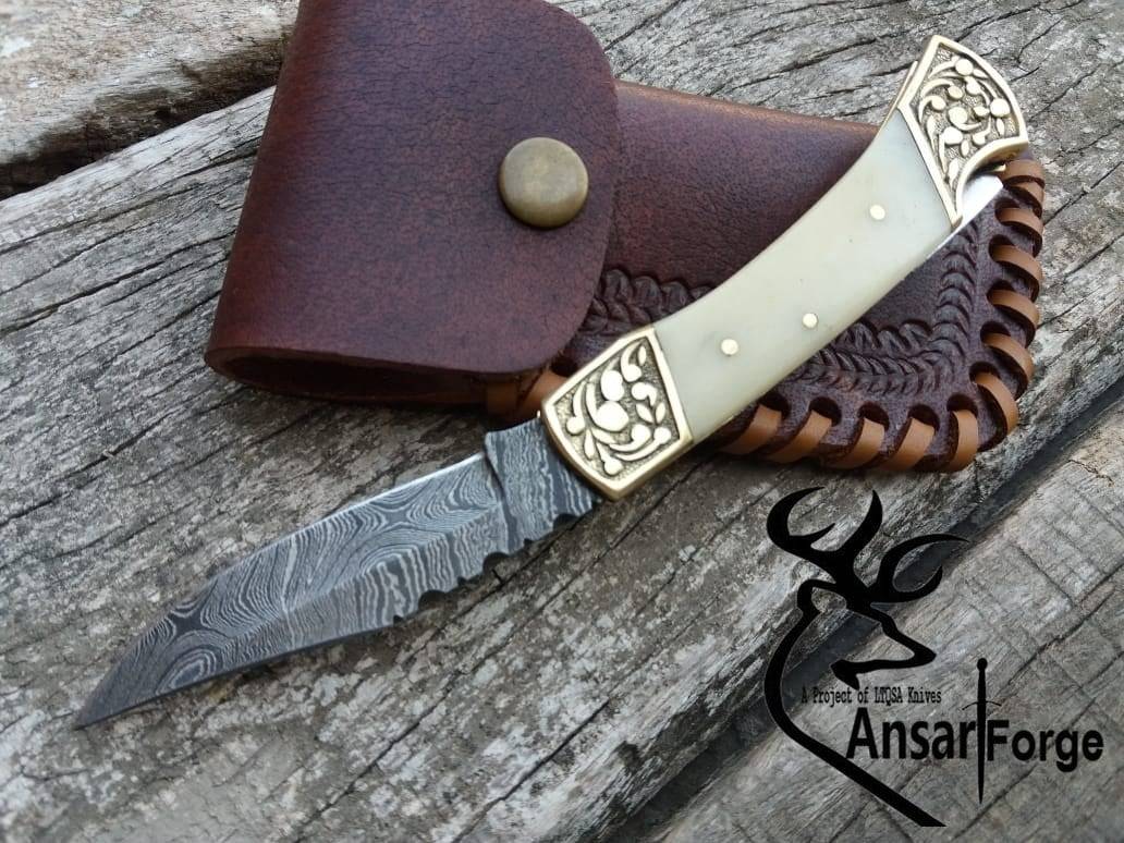 Custom made Damascus steel lock back pocket knife