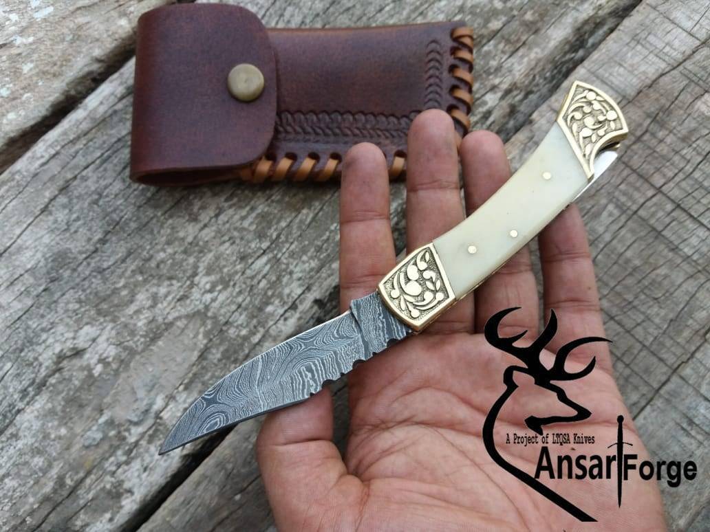 Custom made Damascus steel lock back pocket knife