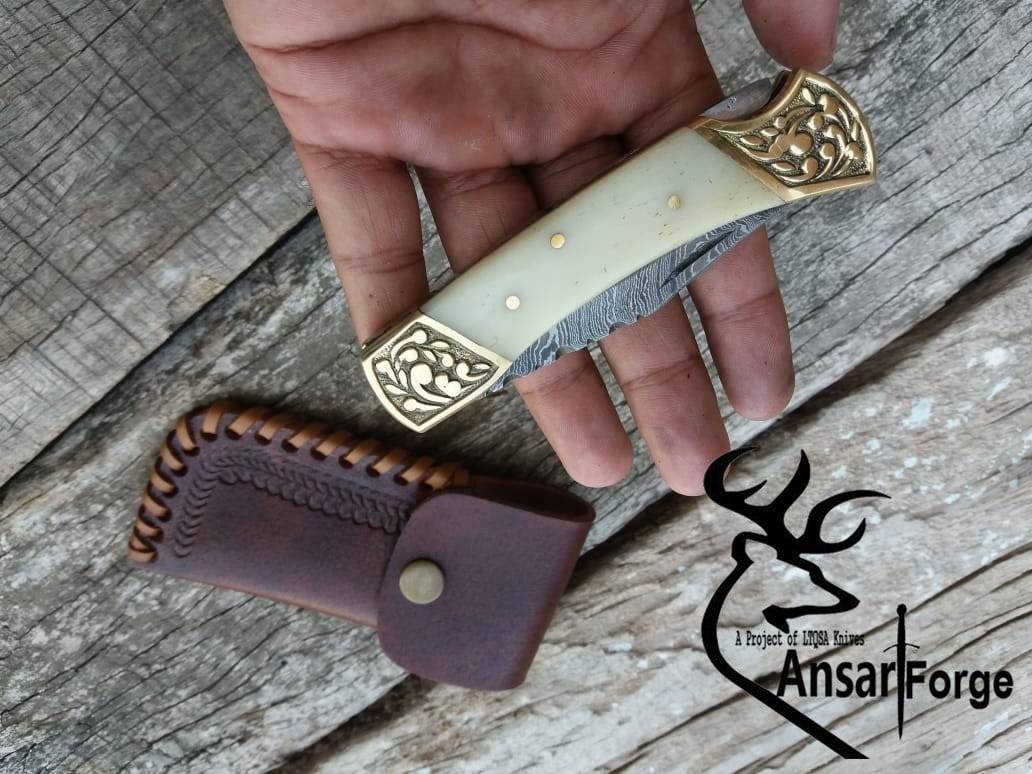 Custom made Damascus steel lock back pocket knife