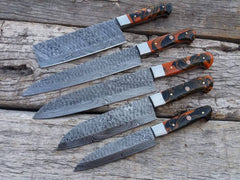 Hand-forged Damascus steel kitchen knife set with leather roll bag.