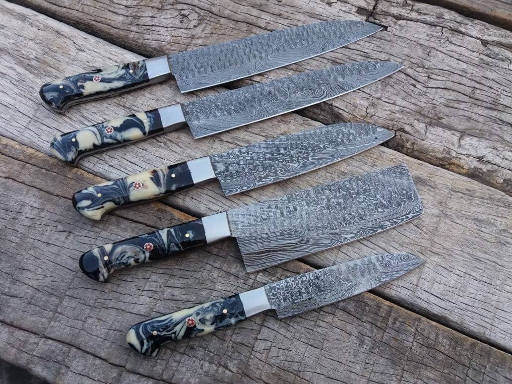 Professional Chef Knife Set 5 Damascus Kitchen Knives With Roll Bag / Case