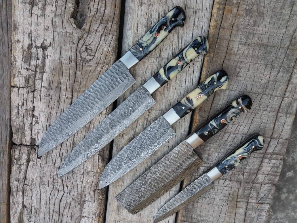 Professional Chef Knife Set 5 Damascus Kitchen Knives With Roll Bag / Case