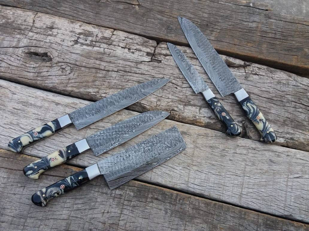 Professional Chef Knife Set 5 Damascus Kitchen Knives With Roll Bag / Case