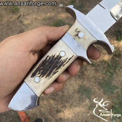 Loveless Knife with hand-forged 440c steel blade, stag antler handle, and genuine cowhide leather sheath by Ansari Forge.
