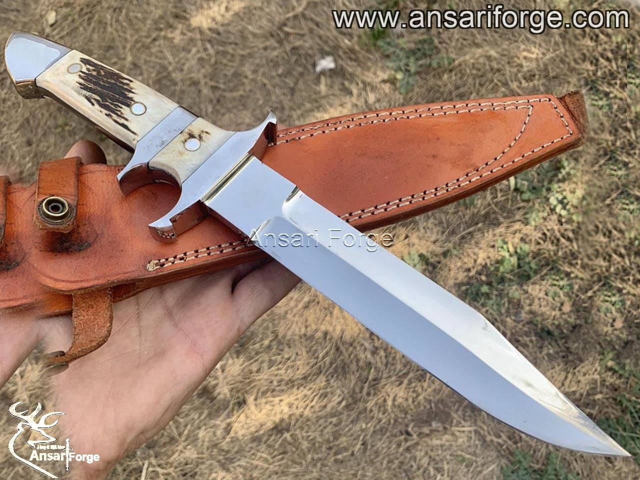 Loveless Knife with hand-forged 440c steel blade, stag antler handle, and genuine cowhide leather sheath by Ansari Forge.