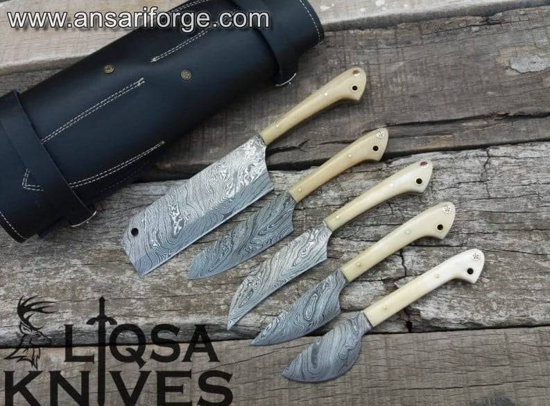 Professional Damascus Chef Knife Set 5 pcs Bone Handles With Case , Roll bag