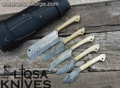 Professional Damascus Chef Knife Set 5 pcs Bone Handles With Case , Roll bag