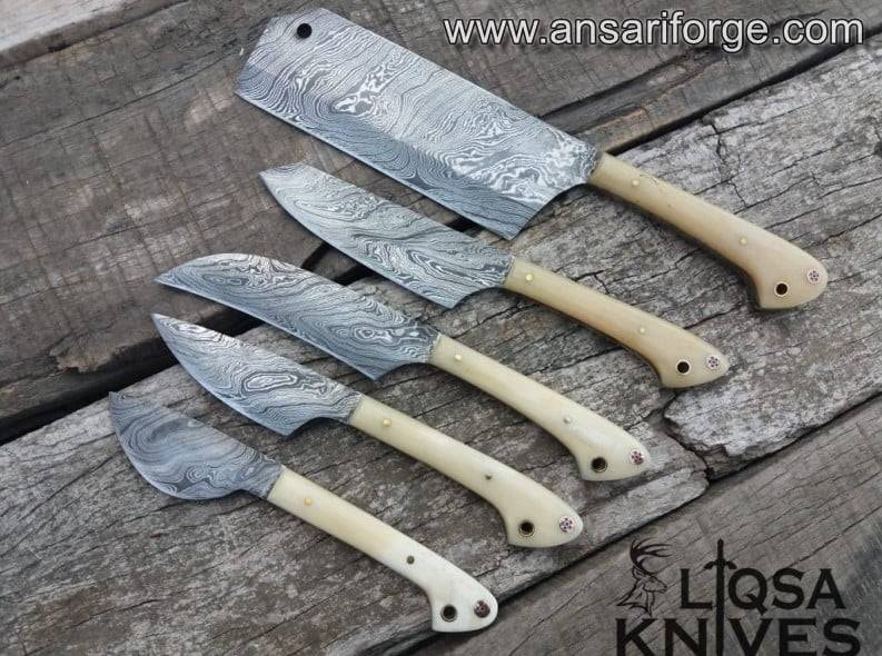 Professional Damascus Chef Knife Set 5 pcs Bone Handles With Case , Roll bag
