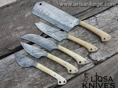 Professional Damascus Chef Knife Set 5 pcs Bone Handles With Case , Roll bag