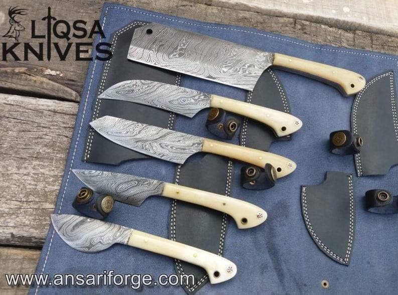 Professional Damascus Chef Knife Set 5 pcs Bone Handles With Case , Roll bag