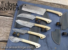 Professional Damascus Chef Knife Set 5 pcs Bone Handles With Case , Roll bag