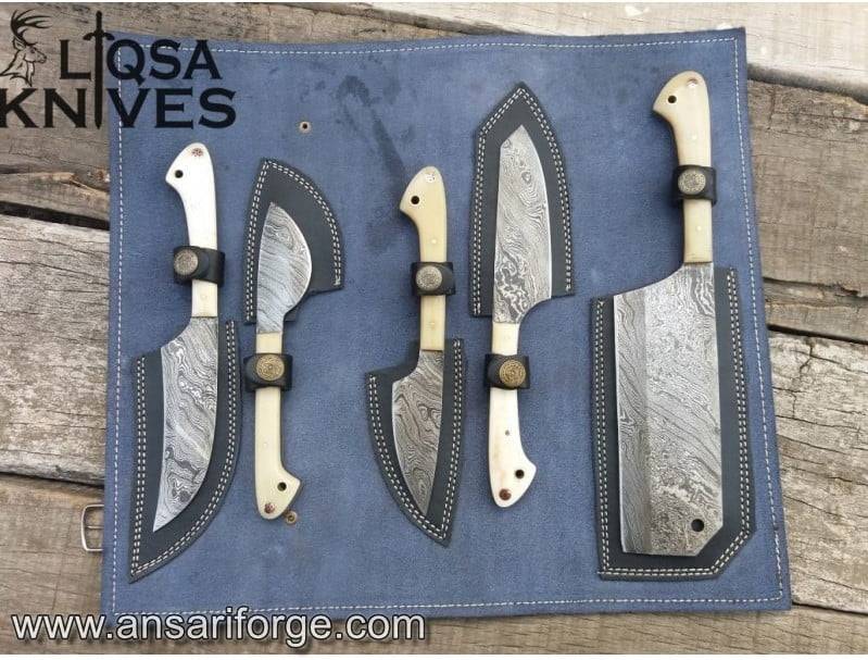 Professional Damascus Chef Knife Set 5 pcs Bone Handles With Case , Roll bag