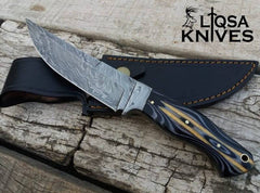 Custom Damascus Knife with Genuine Leather Sheath and Brass Lanyard Hole.