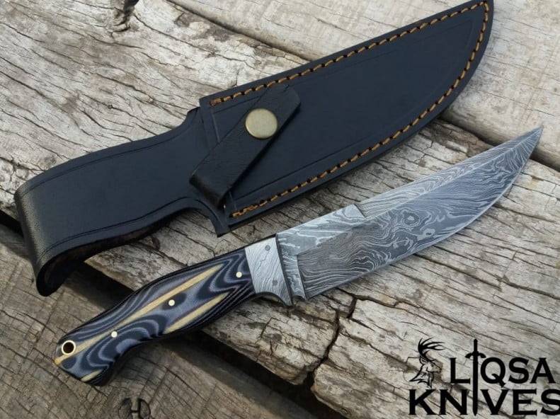 Handmade Damascus Knife with Fire Pattern Blade and G10 Handle.