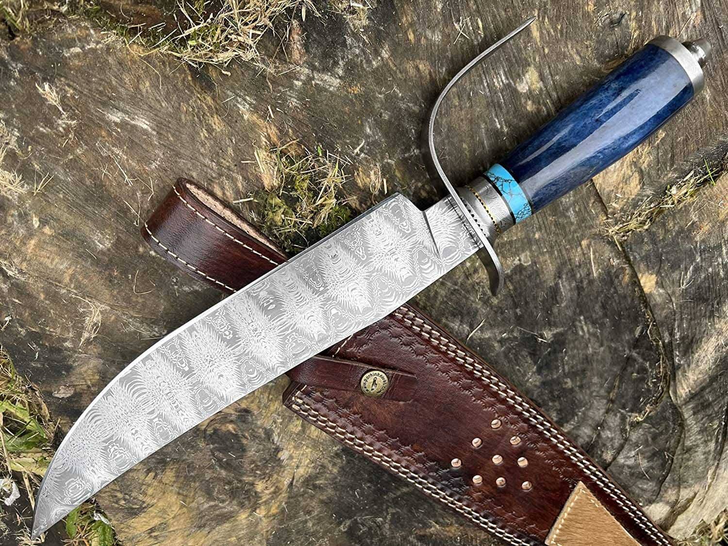 Custom Handmade Mosaic Damascus Bowie Knife With Sheath For Men