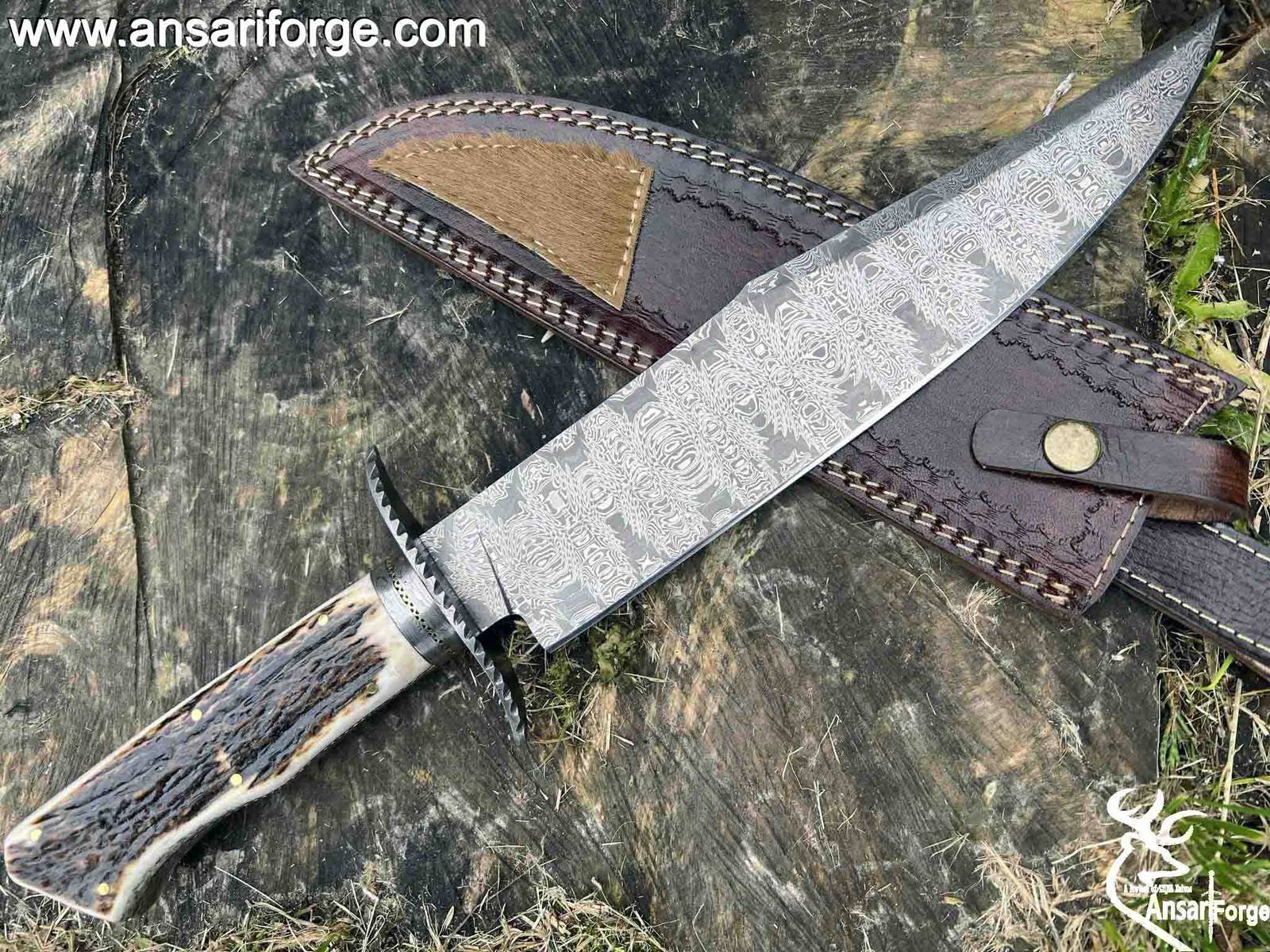 Large Handmade Mosaic Damascus Texas Bowie Knife Stag Antler Handle Hunting Knife With Sheath