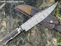 Large Handmade Mosaic Damascus Texas Bowie Knife Stag Antler Handle Hunting Knife With Sheath