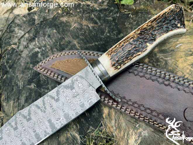 Large Handmade Mosaic Damascus Texas Bowie Knife Stag Antler Handle Hunting Knife With Sheath