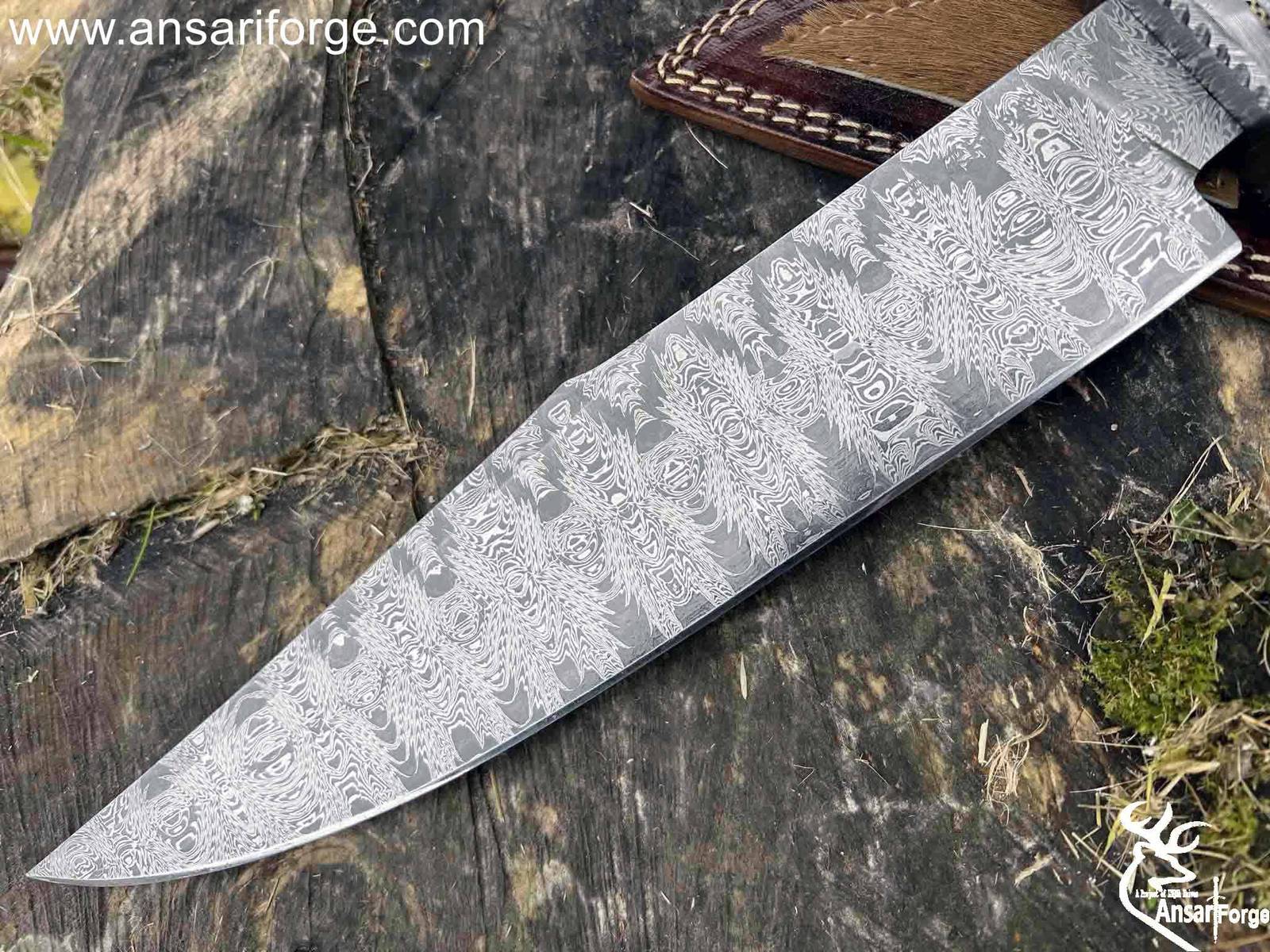 Large Handmade Mosaic Damascus Texas Bowie Knife Stag Antler Handle Hunting Knife With Sheath
