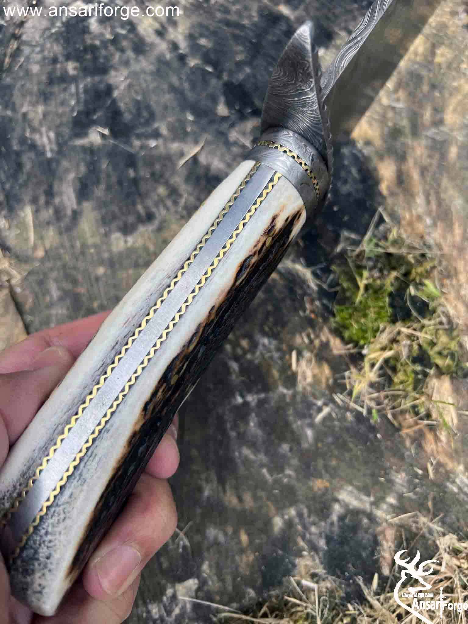 Large Handmade Mosaic Damascus Texas Bowie Knife Stag Antler Handle Hunting Knife With Sheath