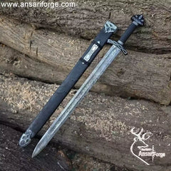 Hand Forged Northmen Damascus Steel Viking Sword with Ebony Wood Scabbard - 38-inch overall length - Ansari Forge.