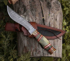 Razor's Edge 13-inch damascus steel hunting knife with bone handle, brass hilt, and leather sheath.