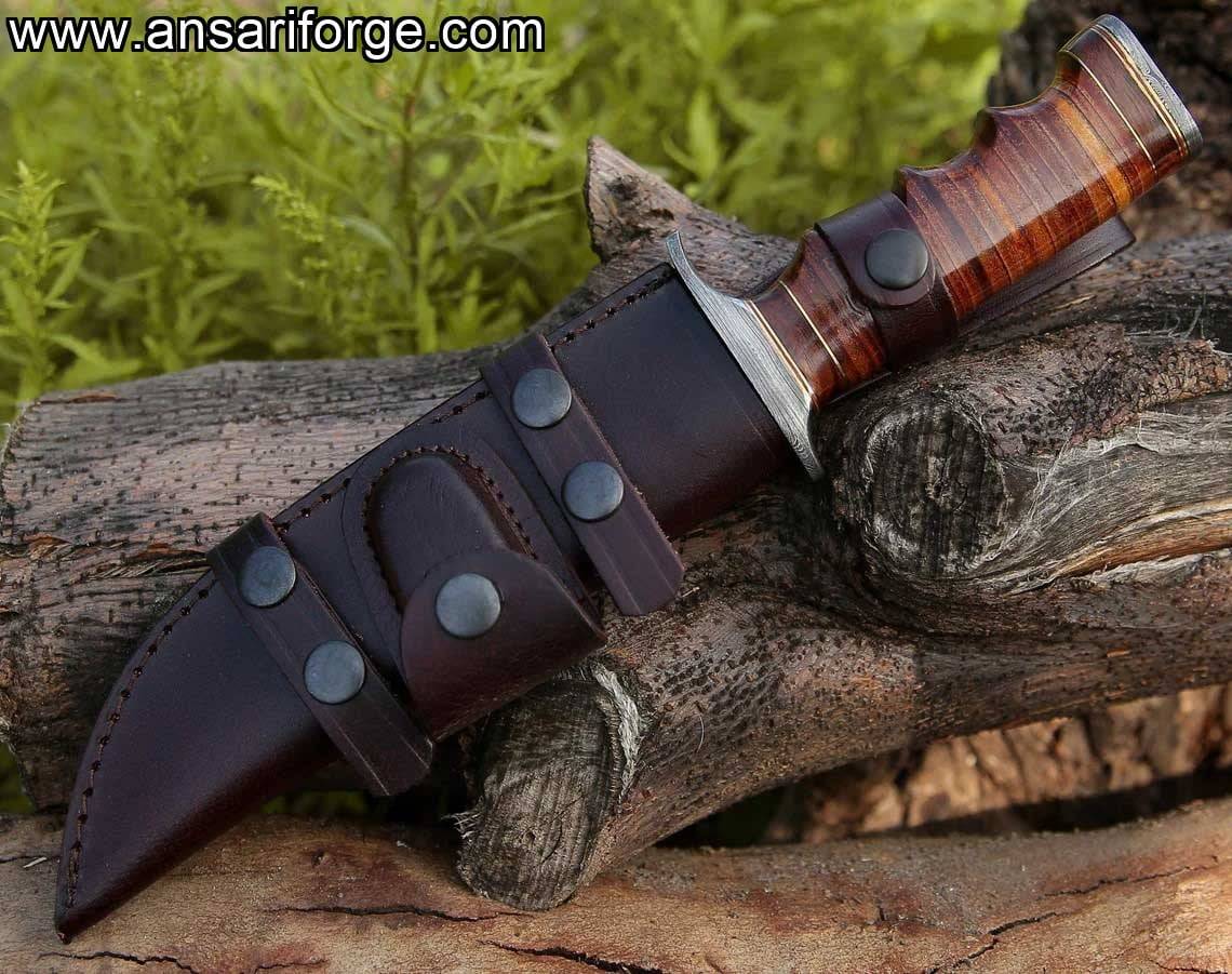 DAMASCUS KNIFE, Bowie knife, Hunting knife, Engraved knife, Personalized Gift, Bushcraft, Survival, knife, Leather Handle, Sheath, Full Tang