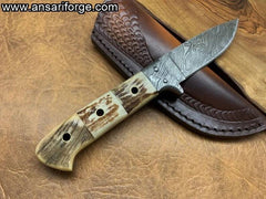 Custom Handmade Forged Damascus Steel Hunting Knife Stag Handle And Leather Sheath