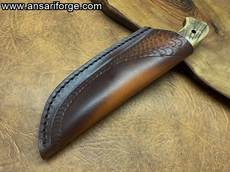 Custom Handmade Forged Damascus Steel Hunting Knife Stag Handle And Leather Sheath