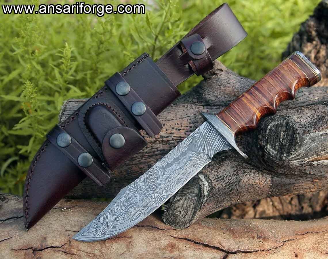DAMASCUS KNIFE, Bowie knife, Hunting knife, Engraved knife, Personalized Gift, Bushcraft, Survival, knife, Leather Handle, Sheath, Full Tang
