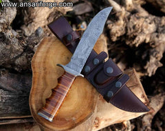 DAMASCUS KNIFE, Bowie knife, Hunting knife, Engraved knife, Personalized Gift, Bushcraft, Survival, knife, Leather Handle, Sheath, Full Tang