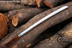 Hand forged Shirasaya Tanto in rosewood scabbard, showing full length.