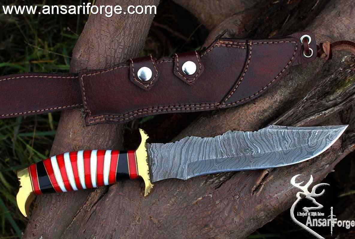 Handmade Damascus Steel 13.5 Inches Bowie Knife - Exotic Wood Handle Brass Hilt & Pommel | Ansari Forge