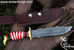 Handmade Damascus Steel 13.5 Inches Bowie Knife - Exotic Wood Handle Brass Hilt & Pommel | Ansari Forge