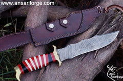 Handmade Damascus Steel 13.5 Inches Bowie Knife - Exotic Wood Handle Brass Hilt & Pommel | Ansari Forge