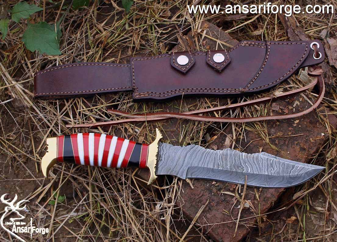 Handmade Damascus Steel 13.5 Inches Bowie Knife - Exotic Wood Handle Brass Hilt & Pommel | Ansari Forge