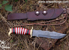 Handmade Damascus Steel 13.5 Inches Bowie Knife - Exotic Wood Handle Brass Hilt & Pommel | Ansari Forge