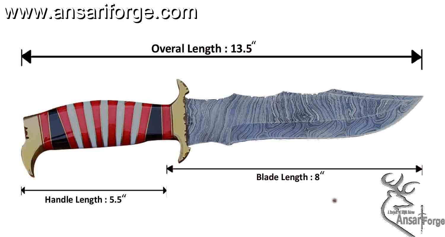 Handmade Damascus Steel 13.5 Inches Bowie Knife - Exotic Wood Handle Brass Hilt & Pommel | Ansari Forge