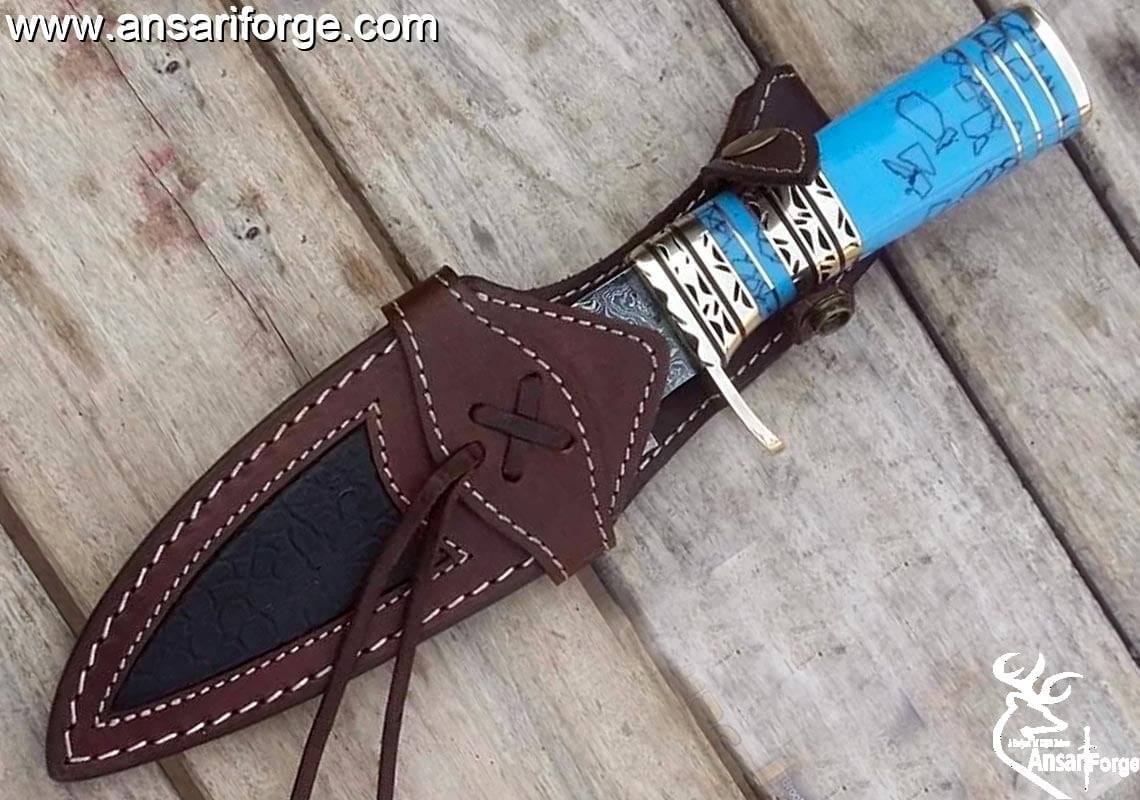 Custom Damascus knife Turquoise Gemstone handle, Damascus steel hunter knife Damascus skinner knife, utility Tactical knife collectors knife, gift for men Sheath
