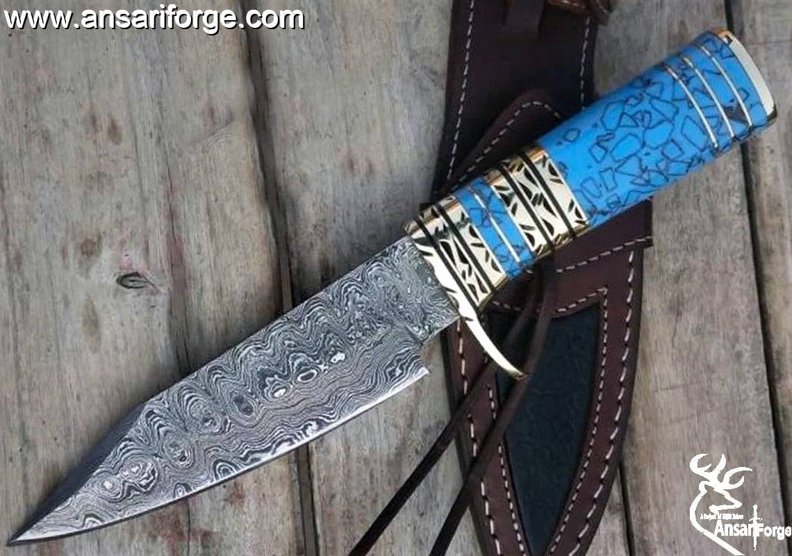 Custom Damascus knife Turquoise Gemstone handle, Damascus steel hunter knife Damascus skinner knife, utility Tactical knife collectors knife, gift for men Sheath .