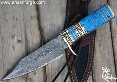 Custom Damascus knife Turquoise Gemstone handle, Damascus steel hunter knife Damascus skinner knife, utility Tactical knife collectors knife, gift for men Sheath .