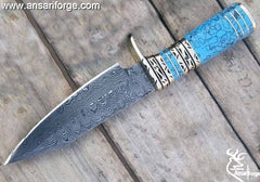 Custom Damascus knife Turquoise Gemstone handle, Damascus steel hunter knife Damascus skinner knife, utility Tactical knife collectors knife, gift for men Sheath
