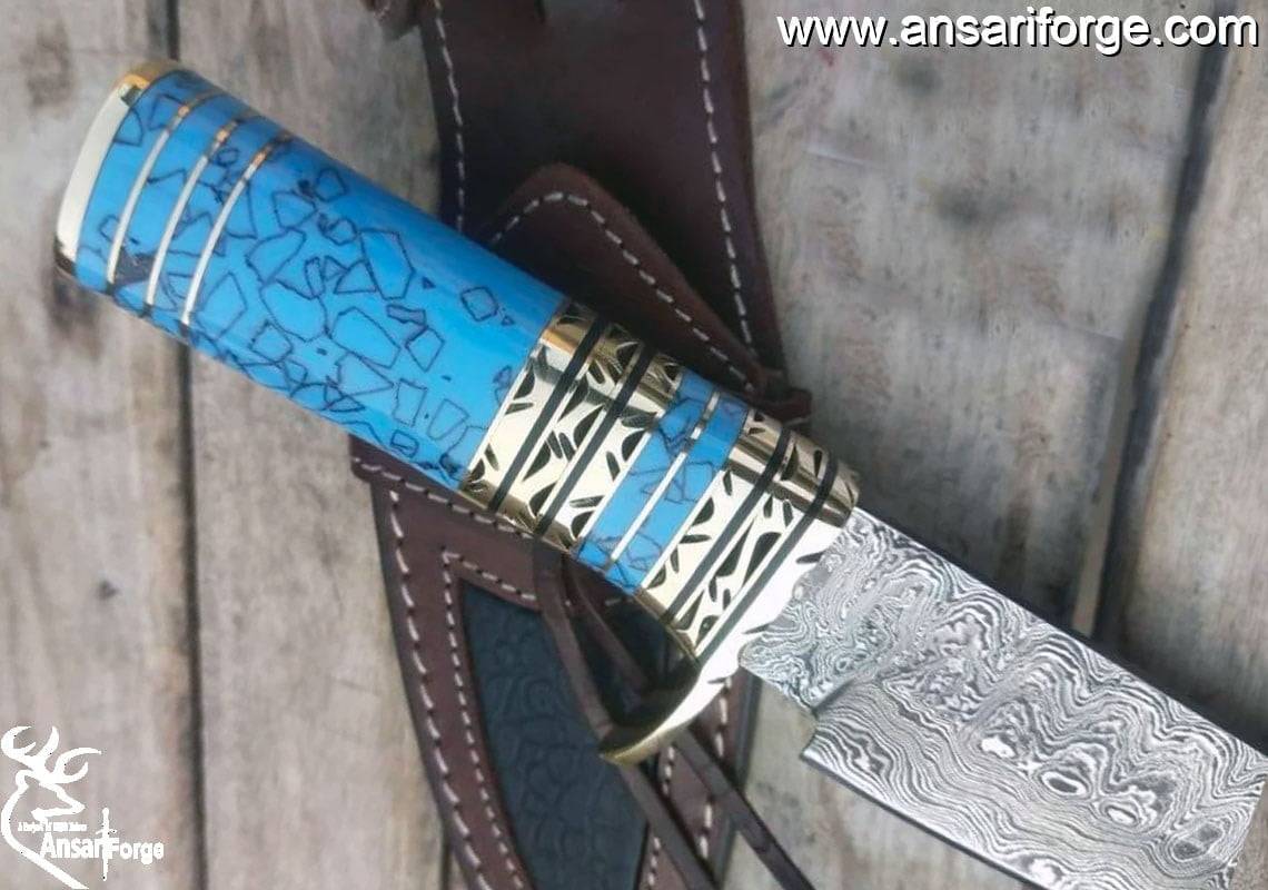 Custom Damascus knife Turquoise Gemstone handle, Damascus steel hunter knife Damascus skinner knife, utility Tactical knife collectors knife, gift for men Sheath
