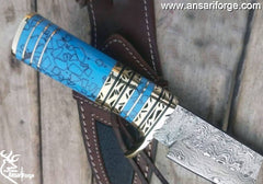 Custom Damascus knife Turquoise Gemstone handle, Damascus steel hunter knife Damascus skinner knife, utility Tactical knife collectors knife, gift for men Sheath
