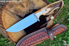 Custom Handmade Fixed Blade Knife D2 Steel Blade Stag Antler Handle 10" inches Knife, Hunting Camping Survival Outdoor Tools With Leather Sheath .