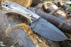 Hunting Knife - Stag Handle, Hammered Damascus Tactical EDC Skinning Knives Fixed Blade Knife with Leather Sheath
