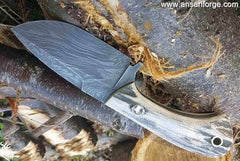Hunting Knife - Stag Handle, Hammered Damascus Tactical EDC Skinning Knives Fixed Blade Knife with Leather Sheath