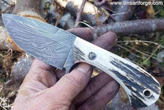 Hunting Knife - Stag Handle, Hammered Damascus Tactical EDC Skinning Knives Fixed Blade Knife with Leather Sheath .