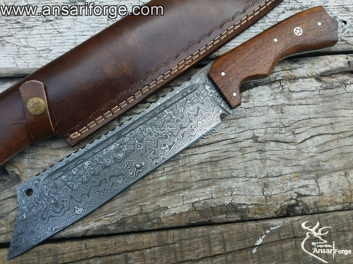 Rain Drop Damascus Jungle Knife - Hand-forged Damascus steel blade with raindrop pattern, rosewood handle, and leather sheath.